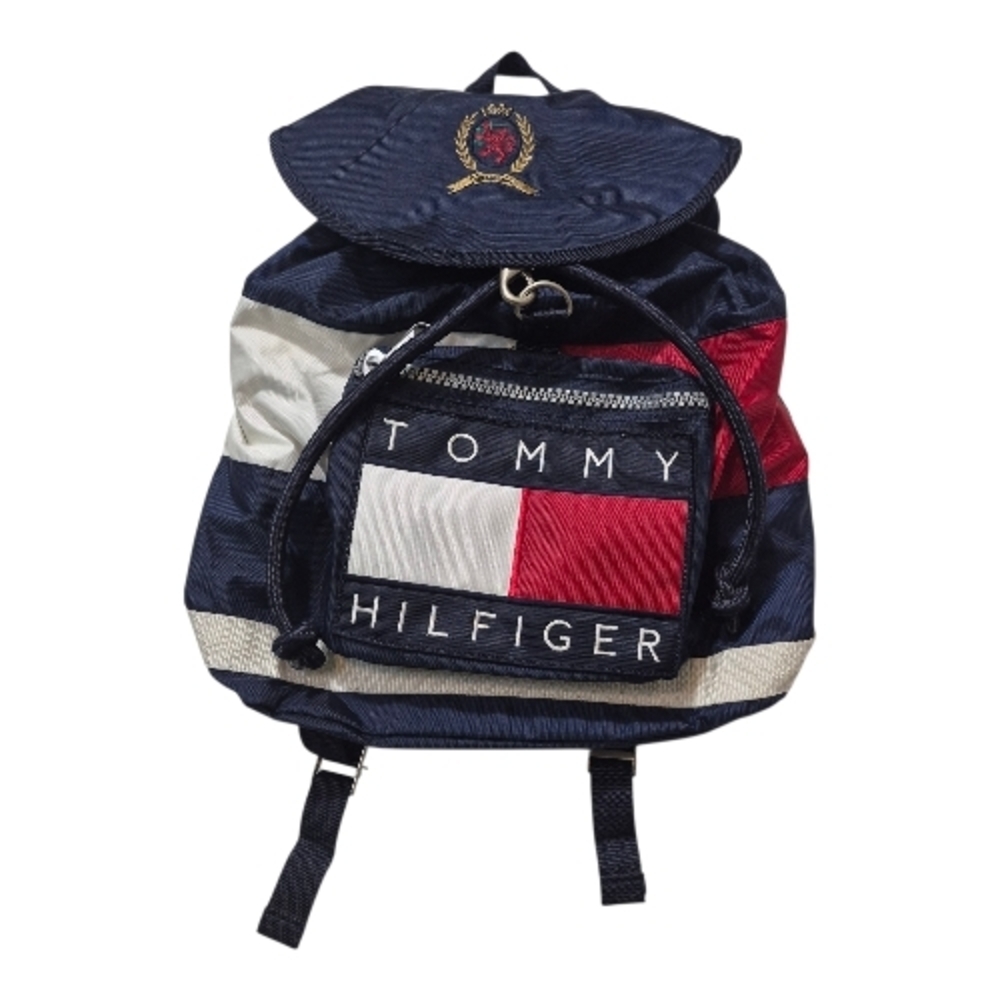Tommy Hilfiger Backpack Vintage 90s Spellout Logo Blue Red White Drawstring